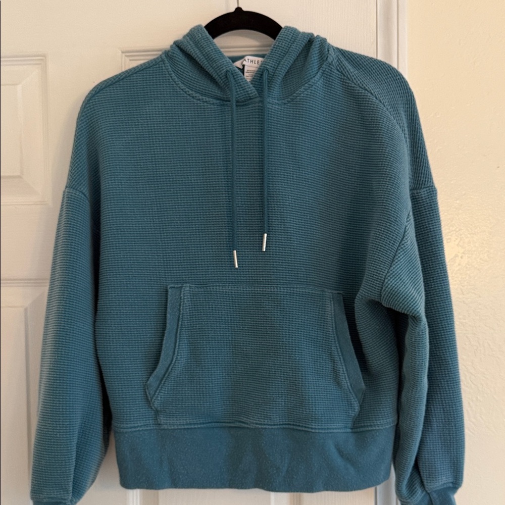 Athleta Teal Waffle-Knit Hooded Pullover Sweatshirt
